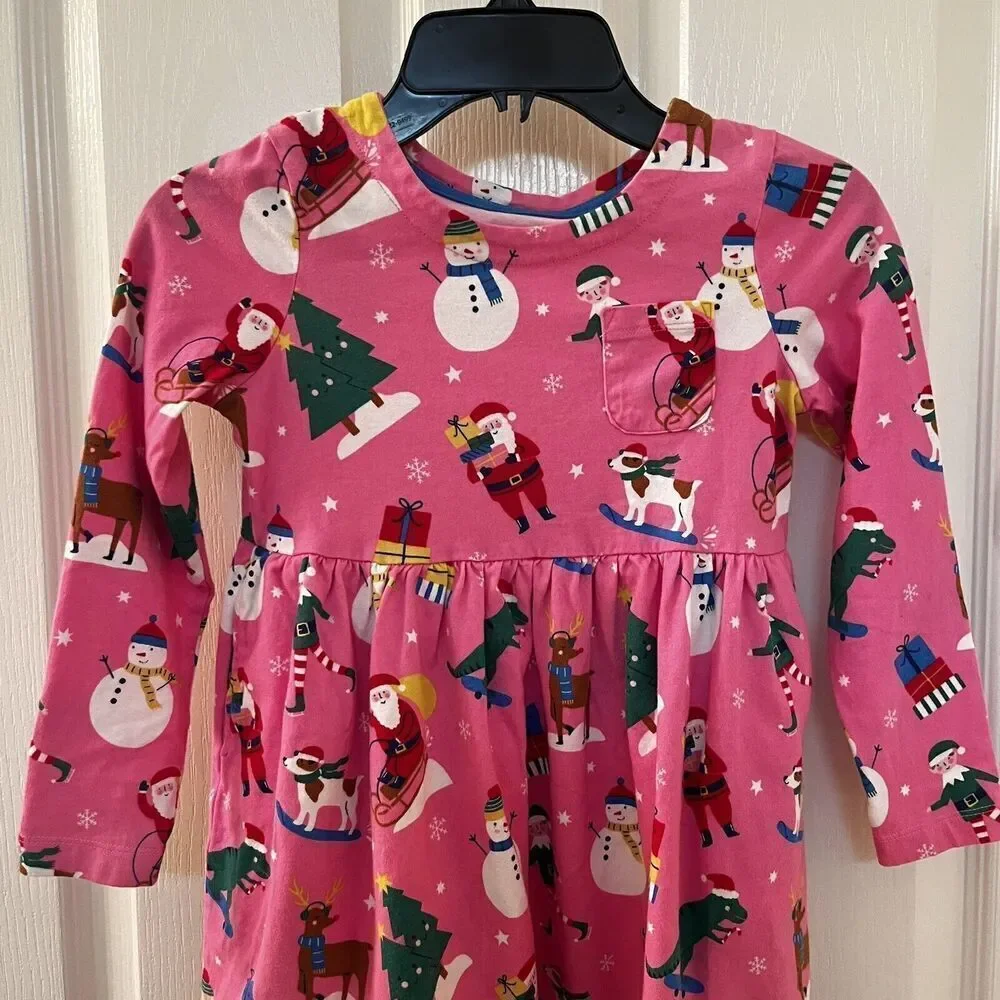 Mini Boden Festive Fun Pink Christmas Dress Dinosaurs Santa Pockets Girls SZ 5-6